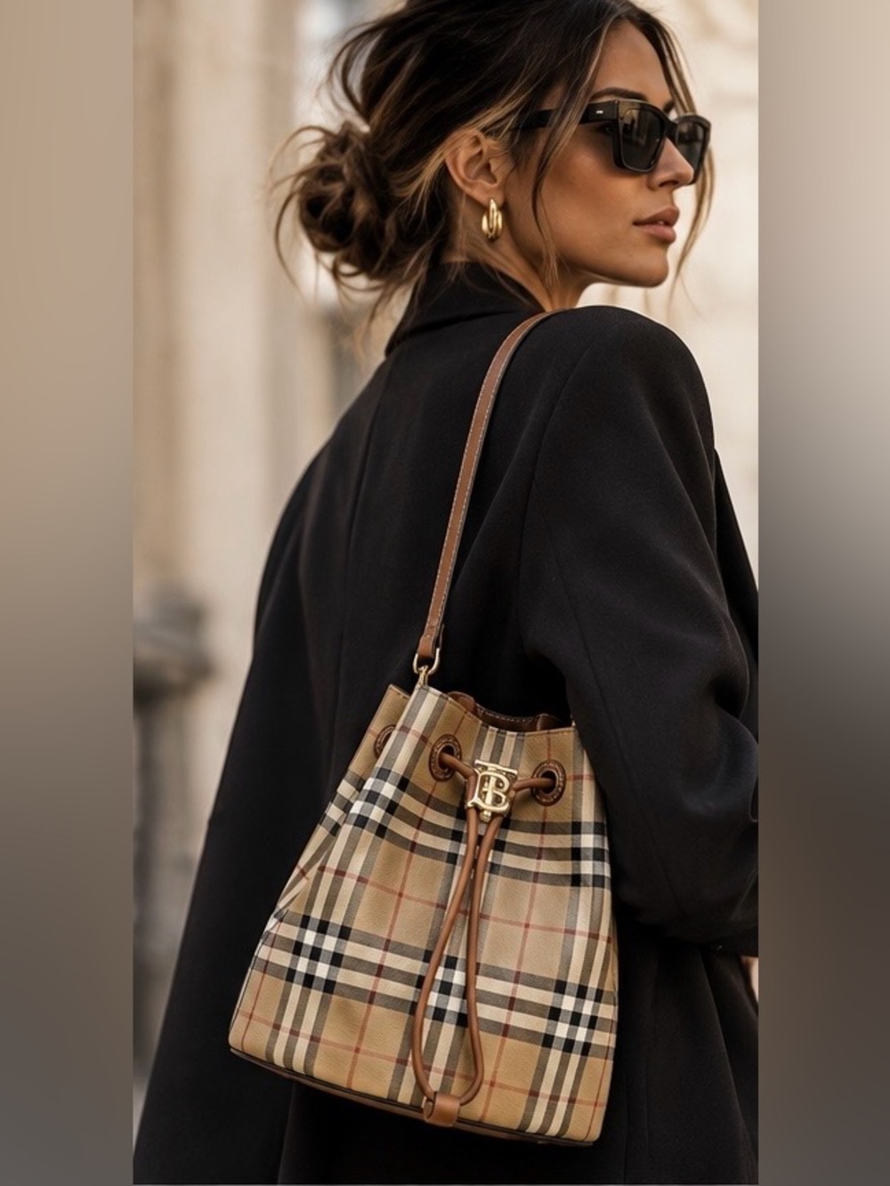 Burberry Mini Check Bucket Bag Plaid Shoulder Bag Brown & Tan